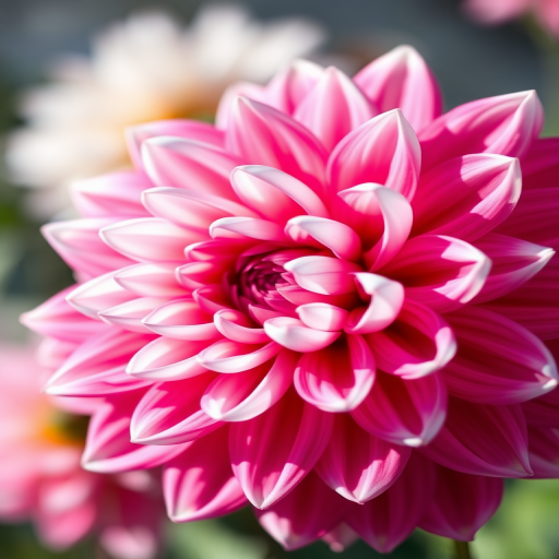 A vibrant close-up of a dahlia flower in full bloom, showcasing deep pink and white petals, with a shallow depth of field, captured with a DSLR camera at f/2.8, 50mm lens, ISO 100, natural light to enhance color details and texture.
