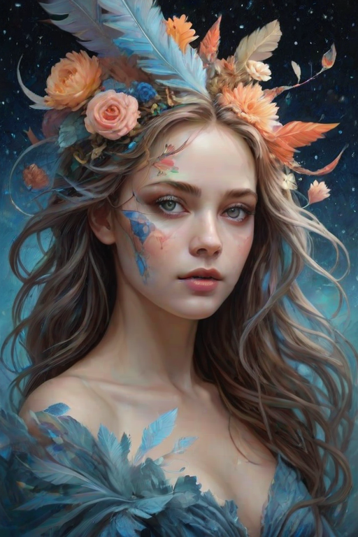 Create a series of imaginative portraits where each subject is infused with elements of fantasy and nature. The hair of the individuals should flow like clouds, varying from soft, fluffy cumulus to wispy cirrus strands, with hints of color reflecting a sunset or a clear blue sky. The eyes should be windows to entire galaxies, with stars, nebulae, and distant planets visible within them. Clothing should be adorned with nature motifs, such as floral patterns that bloom and change, vines that seem to grow and wrap around, or feathers that shimmer with iridescence. Each portrait should capture a unique personality, blending human features with the ethereal beauty of the natural and cosmic world. The backgrounds can vary, from starry night skies to enchanted forests, adding depth and context to the magical realism of the portraits