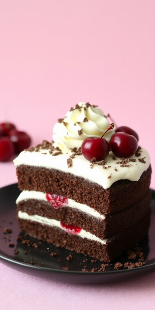 Chocolate layer cake with cherries and whipped cream topped with chocolate shavings on a dark plate against a soft pink background. The cake is sliced to reveal layers of chocolate cake and cherry filling.