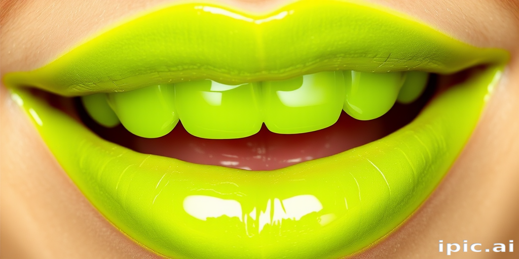 Vibrant lime green lips with a glossy jelly finish and high-shine reflect, known as "Electric Lime Zest"