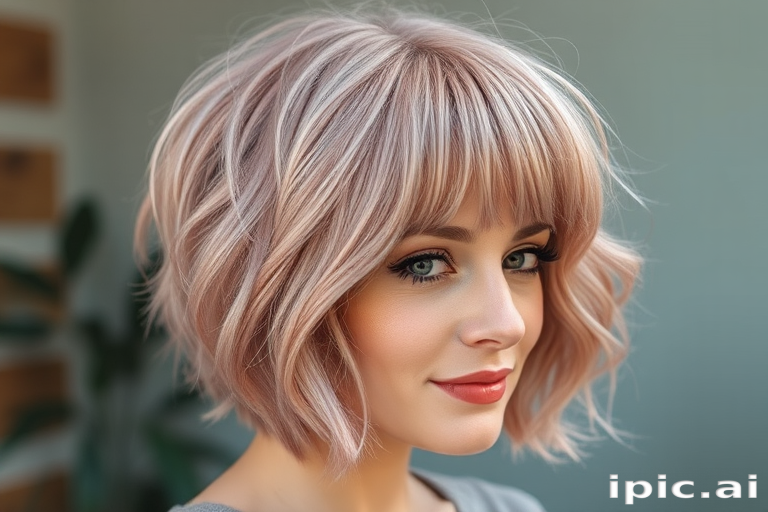 Dusty rose shag cut called "Vintage Bloom" featuring choppy layers, curtain bangs, and a lived-in texture for a retro-inspired look