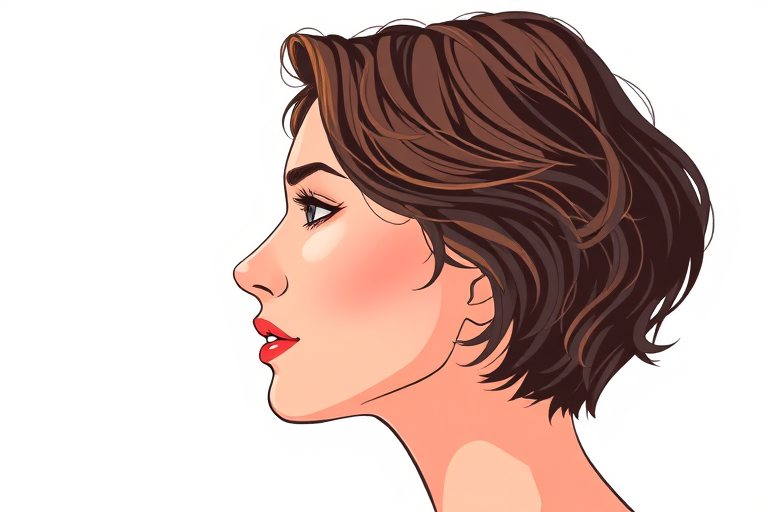 Create a high-resolution side profile illustration of a woman with short wavy hair, using a DSLR camera with a 50mm lens, aperture set to f/2.8, shutter speed at 1/200s, and natural lighting for enhanced details and sharpness.
