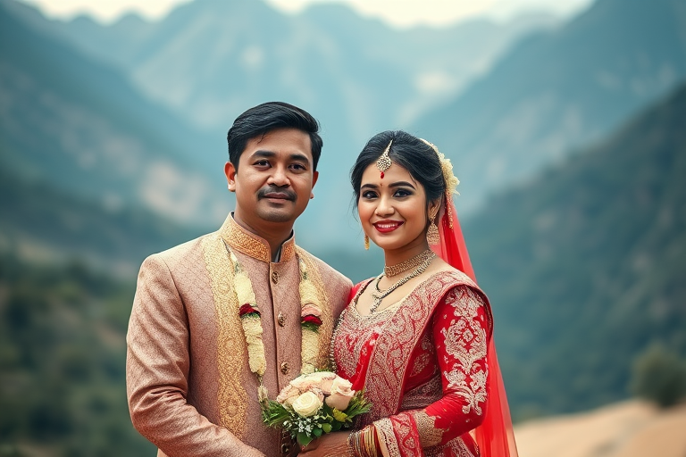 wedding couple in traditional attire, outdoor setting with mountains in background, soft natural light, aperture f/2.8, ISO 100, shutter speed 1/250 sec, captured with a DSLR camera, 50mm lens, portrait orientation, high-resolution image quality