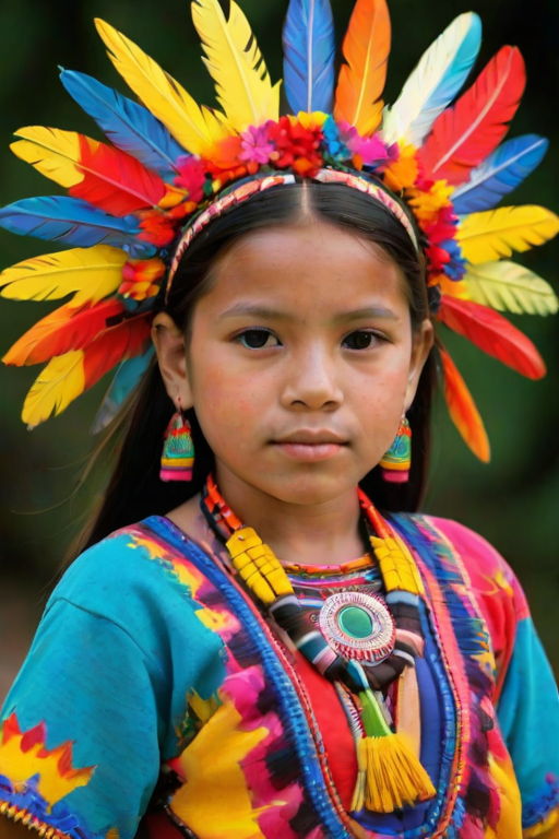 A beautiful Maya girl, wearing colorful bird clothing with vibrant colors