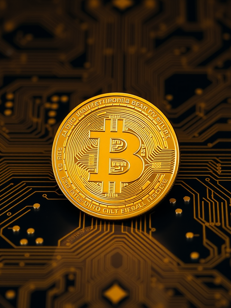 Create a hyper-realistic image of a golden cryptocurrency coin with intricate circuit patterns in the background, using a Canon EOS R5 camera, 50mm lens, f/1.8 aperture, ISO 100, and 1/200 sec shutter speed, with a soft-focus background to enhance the coin's details.