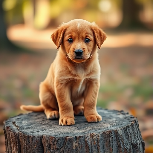 Capture a cute brown puppy sitting on a tree stump in a soft-focus outdoor setting, using a shallow depth of field with an aperture of f/2.8, ISO 200, a shutter speed of 1/200s, shot with a DSLR camera at eye level to enhance the subject's features and texture in natural light.