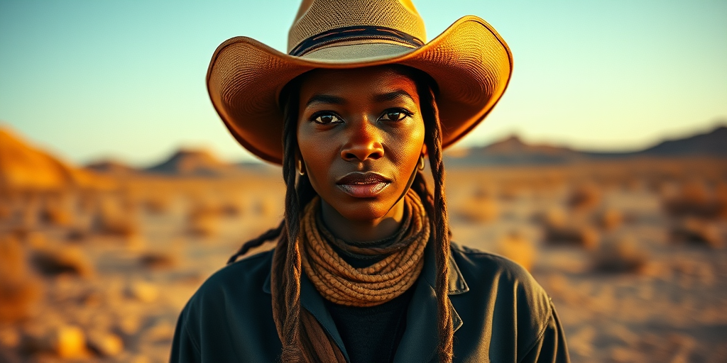 Dramatic photo of a beautiful Kikuyu woman, classic cowboy attire, confident and free spirit expression, half-length portrait, centered, golden hour desert landscape, warm, diffused light, low angle, medium format film camera, in style of Annie Leibovitz.