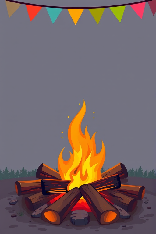 Create a vibrant illustration of a campfire with bright flames, surrounded by wooden logs, set against a simple background with colorful triangular banners at the top, using a high-resolution digital art style with a 35mm lens, f/4 aperture, and soft lighting for enhanced depth and clarity.