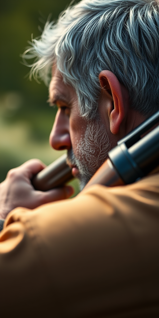 Capture a close-up of a man with greying hair holding a beautifully engraved shotgun against his shoulder, with a blurred natural background, using a Canon EOS R5, aperture f/2.8, ISO 200, shutter speed 1/200s, in soft natural light, with a shallow depth of field for a bokeh effect.