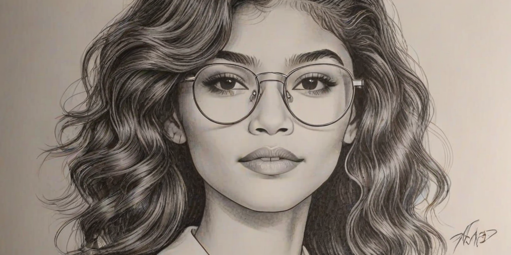 Gorgeous Zendaya, pencil sketch, portrait of Graceful woman 1978s in glasses, hair style beatnik, outline, clear lines, fine lines, 8k