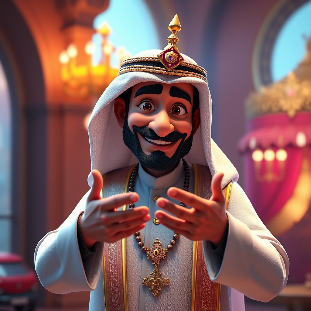 Create a 3D rendering of a wealthy Arab male sheikh from Dubai, inspired by the Disney animation style. The sheikh must have a smile and a playful but wise character. Place your character in an atmosphere of wealth and luxury. The image must be in high resolution format. Dynamic pose above the waist, gesturing with hands (Pixar Art style)++ highly detailed digital painting, art stations, concept art, soft focus, hard focus, illustrations. cinematic, visual effects, HDR, Unreal Engine 5, ray tracing, soft light, 8k, high detail, sparkling backlighting, luxury gem, game art, 3d, cartoon, colorful, magical, mysterious