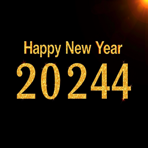 Create an image of "Happy New Year 2024" in golden letters with a shimmering effect on a black background, using a DSLR camera with a 50mm lens, f/1.8 aperture, ISO 100, and a shallow depth of field for enhanced clarity and richness in color.