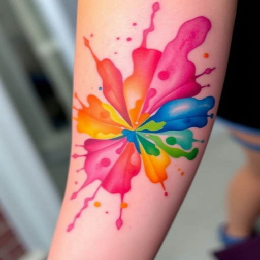 Vibrant watercolor tattoo named "Spectrum Splash" featuring a kaleidoscope of flowing colors blending seamlessly across the skin creating an ethereal and dreamlike appearance with soft edges and translucent hues