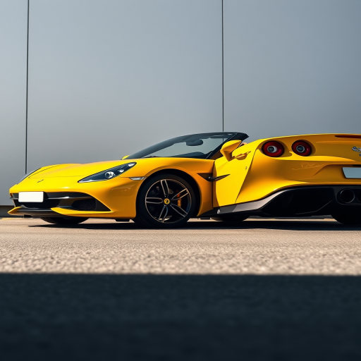 regenerate an image of a sleek yellow convertible sports car parked against a minimalistic background, using a Canon EOS R5 camera with a 50mm lens, aperture set to f/1.8, ISO 100, captured from a low angle view to emphasize the car's sleek lines and details, natural lighting for vibrant color accuracy, and a slight vignette effect to focus on the car.
