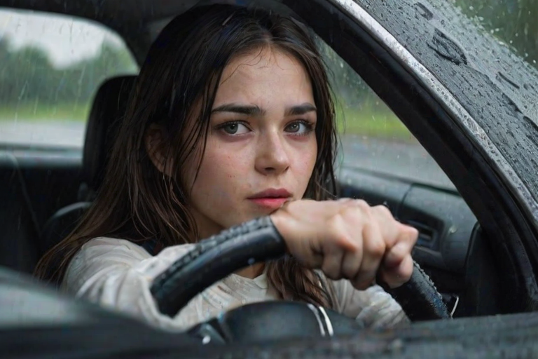 detailed edges, detailed image, perfection style, A perfect photo of a woman driving a car in the rain, 1girl, solo, long hair, black hair, jewelry, teeth, blurry, lips, ring, clenched teeth, ground vehicle, realistic, car, driving, steering wheel, detailed face, detailed body, detailed hands, detailed eyes, detailed nose, detailed ears, detailed hair, detailed, perfection, detailed teeth, detailed skin texture, wrinkly, detailed fingers, detailed mouth, beauty, realism, real, detailed hair, detailed pores, detailed background, sharp image, detailed lips, different race, different color, different haircut, different skin tone, different, different people, different pose, perfection style, brown hair, 1boy, male focus, motor vehicle, rain, photorealistic