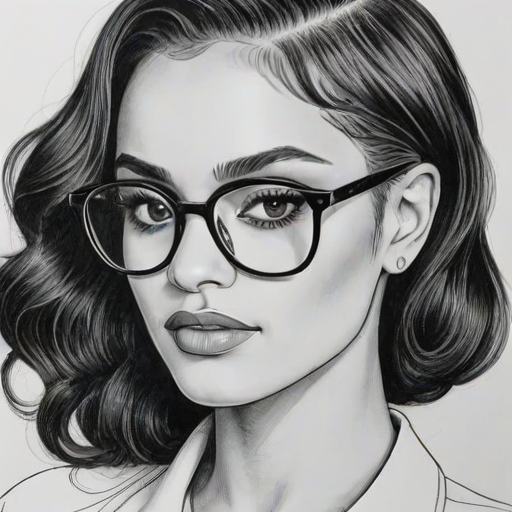 Gorgeous Kehlani, pencil sketch, portrait of Graceful woman 1943s in glasses, hair style beatnik, outline, clear lines, fine lines, 8k