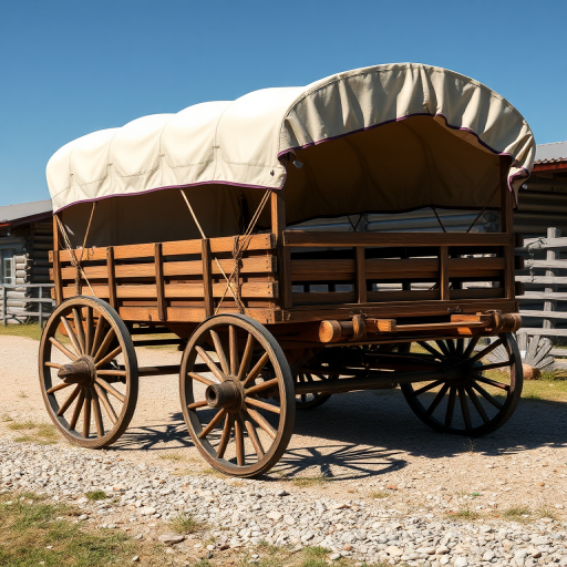 Create a high-resolution image of a vintage covered wagon with a beige canvas top, focusing on details of the wooden frame and wheels, shot using a DSLR camera at f/8 aperture, ISO 100, 50mm lens, in natural daylight from a three-quarter view to capture depth and texture.