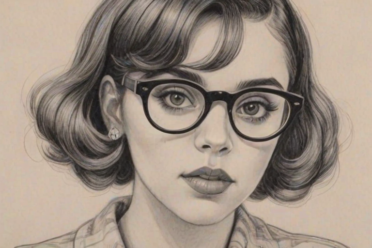 Captivating Melanie Martinez, pencil sketch, portrait of Resplendent woman 1935s in glasses, hair style beatnik, outline, clear lines, fine lines, 8k