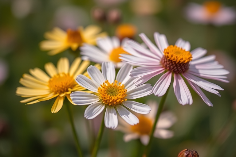 Close-up of wildflowers with a soft-focus background, natural lighting, aperture f/2.8, shutter speed 1/250s, ISO 200, macro lens, DSLR camera, shallow depth of field to emphasize petals and textures.