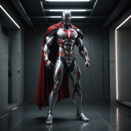An ultrarealistic photograph of an enormous minimalist futuristic full-body power suit, without lights, made of white metal and polymer, full crystal hull, for a muscular man, imposing, modern minimalism, elegant, dystopia, mysterious, godlike, scary, in a dark room, with a red cape, 8k