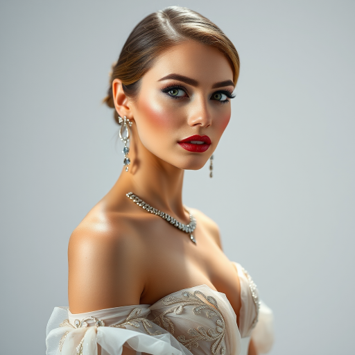 Studio portrait, female model, elegant couture dress, bold makeup, dramatic lighting, Shoot over the shoulder using a telephoto lens to focus on small details like jewelry, makeup, or fabric textures