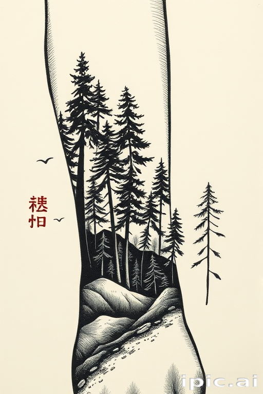 Woodcut-style forest landscape wrapping around forearm, intricate cross-hatching and fine lines creating depth and texture in black ink