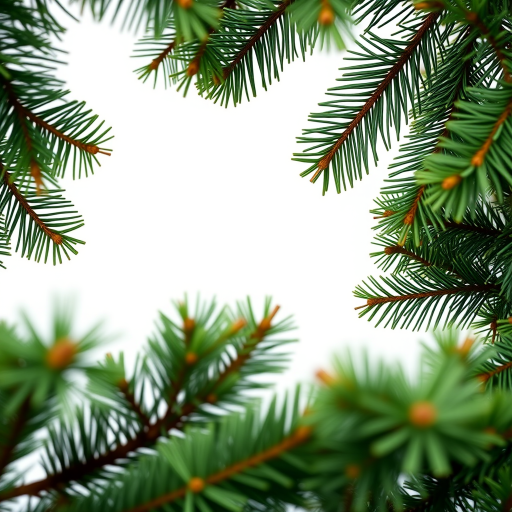 Create a high-resolution image of a blank white background framed with realistic evergreen pine tree branches, shot with a Canon EOS 5D Mark IV at f/4, 1/100 sec, ISO 200, using a macro lens to enhance detail and depth of field.