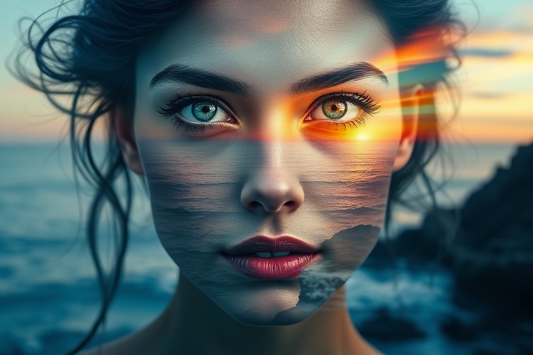 this photo is Book cover, A surreal double exposure portrait that blends a woman's face with a beautiful seascape. The overall mood is dreamy and mystical, with rich colors and intricate details