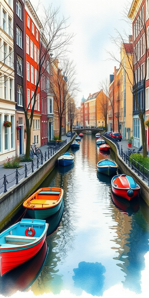 Create a vibrant watercolor scene depicting a canal in Amsterdam with colorful boats and charming buildings along the waterway, using a Canon EOS 5D Mark IV, 50mm lens, f/8 aperture, ISO 100, and shooting in natural light to enhance detail and color.