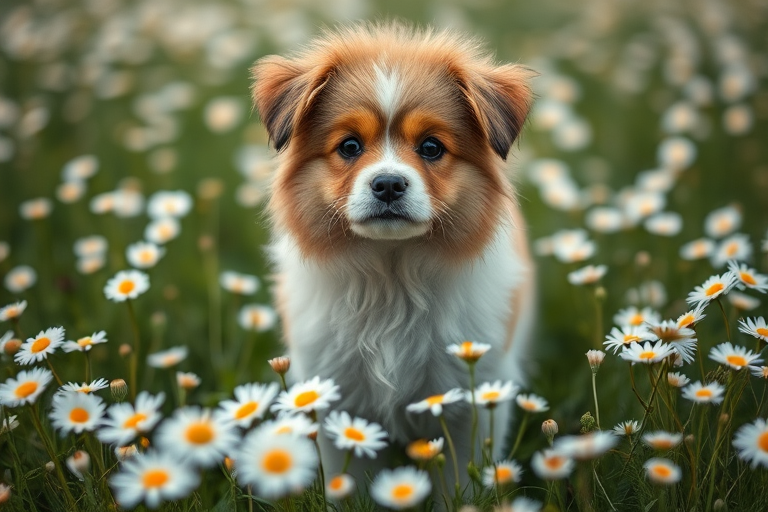 A fluffy dog standing in a field of daisies, captured with a Canon EOS R5, 50mm f/1.2 lens, aperture f/2.8, ISO 100, shutter speed 1/500, natural light, shallow depth of field to highlight the dog and flowers in soft focus.