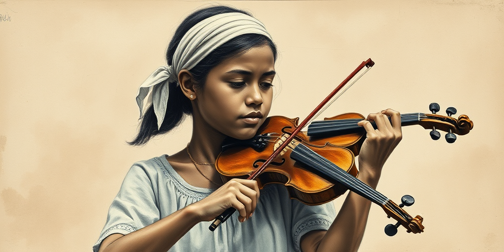 a young Torres Strait Islander woman with a white headband playing a violin, in the style of a charcoal drawing, sepia grunge background