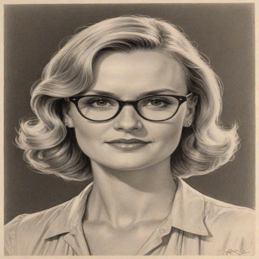 Magnificent Bonnie Somerville, pencil sketch, portrait of Pleasing woman 1935s in glasses, hair style beatnik, outline, clear lines, fine lines, 8k