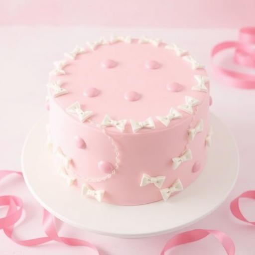 Create an image of a round cake with a smooth pink icing finish decorated with small white bows arranged in a grid pattern on the sides. The cake is displayed on a white plate with a soft pastel background and a few pink ribbons scattered around.