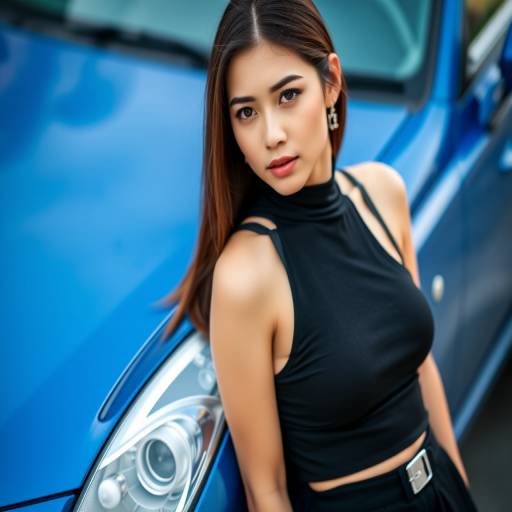portrait of a young woman in a stylish black outfit leaning against a blue car, soft focus background, natural light, aperture f/2.8, shutter speed 1/200s, ISO 100, portrait mode, DSLR camera