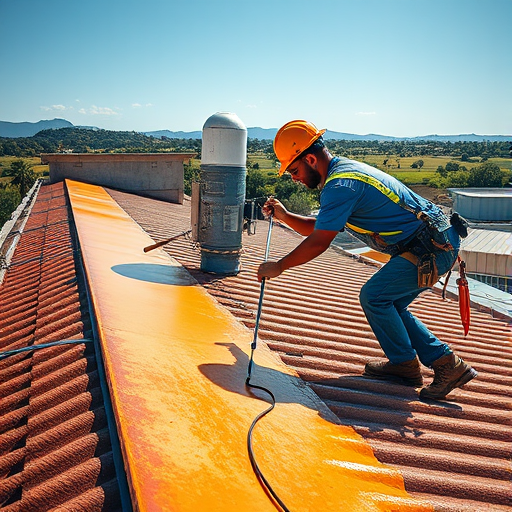 Capture a high-resolution image of two roof workers applying a coating, using a Canon EOS R5 with a 24-70mm lens at f/4, iso 100, and a shutter speed of 1/200s, from a slightly elevated angle to showcase their teamwork and the surrounding landscape in bright daylight.