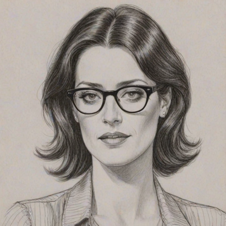 Attractive Paget Brewster, pencil sketch, portrait of Bewitching woman 1980s in glasses, hair style beatnik, outline, clear lines, fine lines, 8k