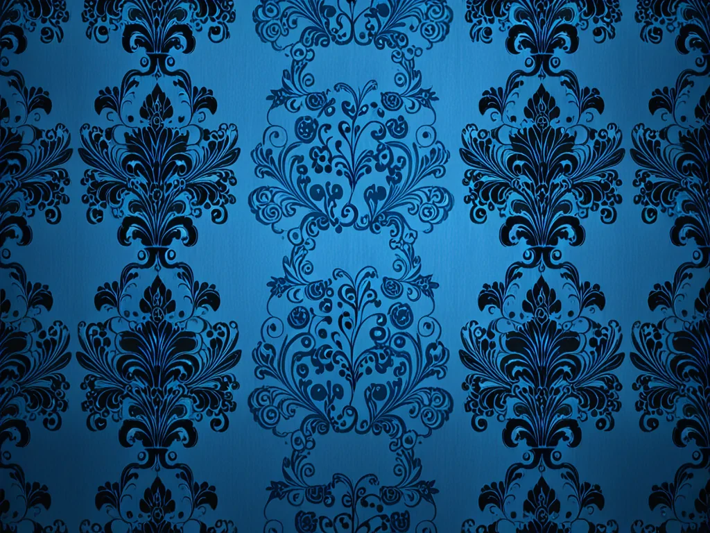 Elegant Blue Damask Pattern with Intricate Floral Designs and Textures.