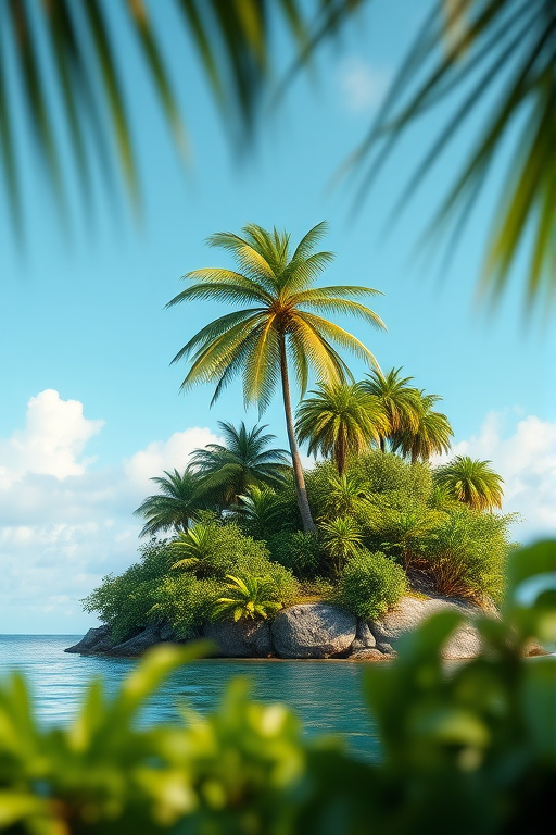 Generate a high-resolution 3D render of a tropical island with a tall palm tree surrounded by lush green vegetation, using a Canon EOS R5, 50mm lens, f/1.8, ISO 100, in natural daylight with a shallow depth of field to emphasize the foreground details.