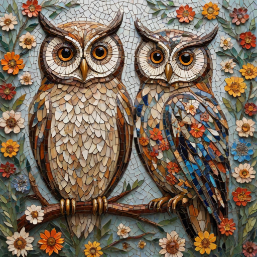 A mosaic of floral owls, each owl intricately composed of individual flower blossoms. The design showcases a delicate balance of nature and form, where the feathers of the owls are replaced by vibrant petals and blooms. The overall appearance is whimsical yet detailed, with each floral element contributing to the intricate patterns of the owl’s body. The artwork embraces a raw, organic style, with natural hues and soft textures, creating a harmonious blend of flora and fauna. The mosaic arrangement adds depth and visual intrigue to the piece, evoking a sense of wonder and artistic beauty.