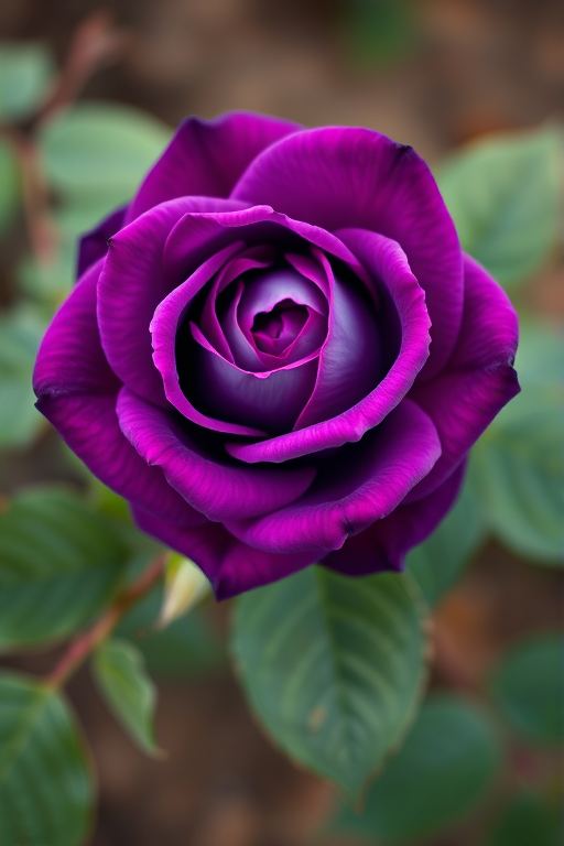 Create a highly detailed digital illustration of a purple rose with green leaves and blue buds, using a Canon EOS R5 with a 50mm f/1.2 lens, ISO 100, aperture f/2.8, and a shallow depth of field, top-down view, vibrant colors, high contrast, and a soft focus background to emphasize the flower's details.