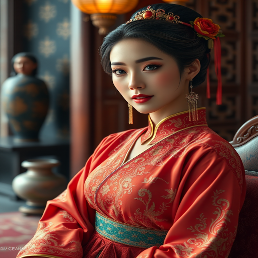 A beautiful woman in traditional East Asian attire, intricately detailed with embroidered patterns, sitting gracefully in a richly decorated room, soft ambient lighting, serene and elegant, ultra-realistic, 8K resolution