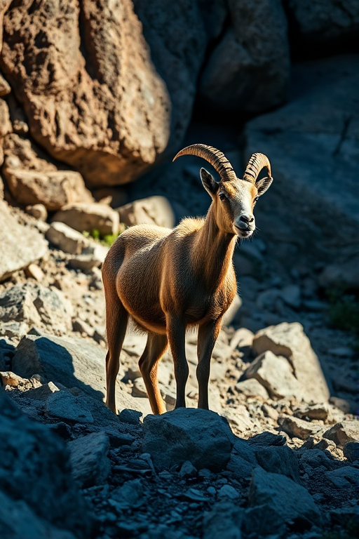 Generate an image of a mountain goat standing in a rocky environment with dramatic shadows, using a Canon EOS R5 with a 50mm f/1.2 lens at ISO 100, aperture f/2.8, and shutter speed 1/200s, captured in soft natural lighting from the side to enhance depth and detail.