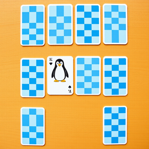 Create an image of a memory card game layout featuring blue and white checkered cards, with two cards displaying a cartoon penguin character arranged in a 3x4 grid, shot with a Canon EOS R5, 50mm lens, f/2.8 aperture, ISO 100, top-down view with soft natural lighting.