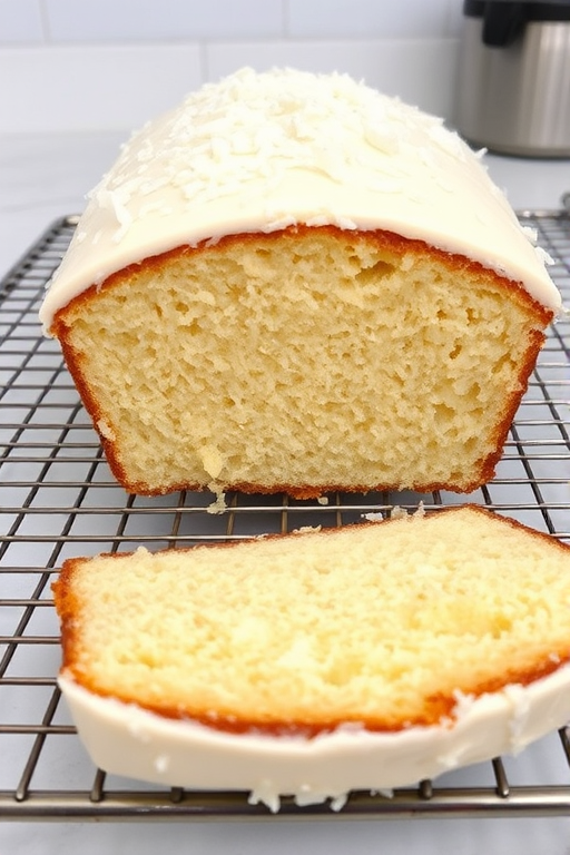 A freshly baked coconut loaf cake with a smooth white frosting topped with shredded coconut sitting on a wire cooling rack with a light background and a hint of kitchen items in the scene.
