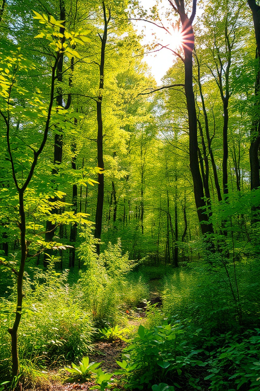 Regenerate a vibrant nature scene featuring a lush forest with sunlight filtering through the trees, taken with a DSLR camera at f/2.8 aperture, 50mm lens, ISO 100, 1/200 sec shutter speed, shot from a low angle to capture depth and details.