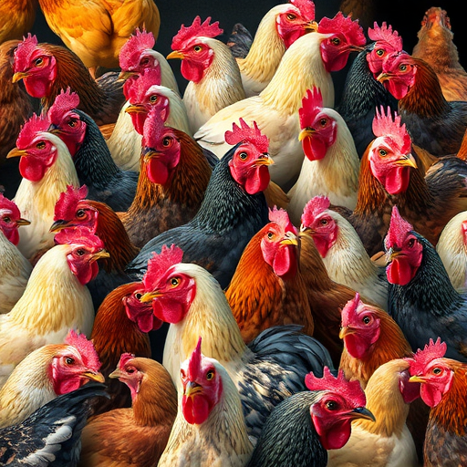 Create a vibrant and detailed collage of various chicken breeds in a mosaic style, capturing a range of colors and textures, shot with a Canon EOS R5 at f/8, ISO 100, 50mm lens, in a soft natural lighting setup for enhanced clarity and depth.