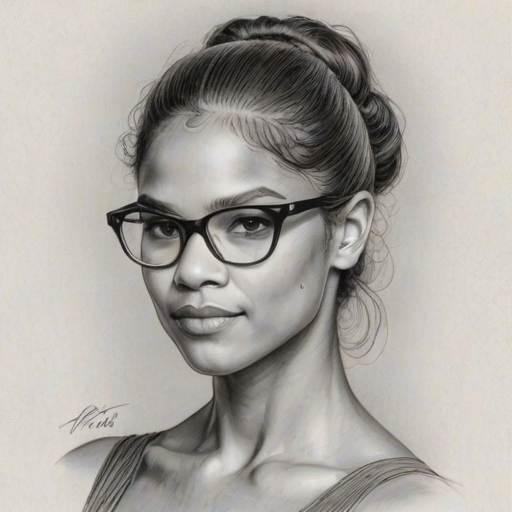 Wonderful Misty Copeland, pencil sketch, portrait of Fascinating woman 1944s in glasses, hair style beatnik, outline, clear lines, fine lines, 8k