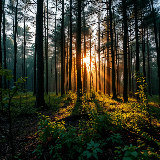 Create a high-resolution image of a serene forest scene during sunrise, with soft, diffused lighting, using a Canon EOS R5, focal length 24mm, aperture f/8, ISO 100, and shot from a low angle to emphasize depth.