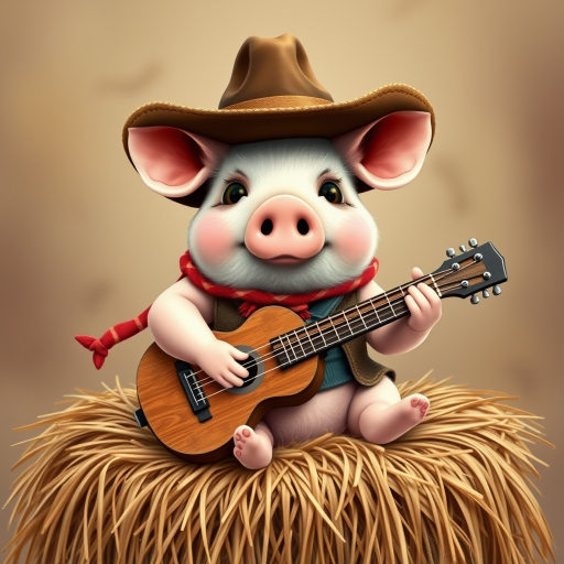A chibi pig, dressed as a cowboy, playing guitar, sitting on a hay bale