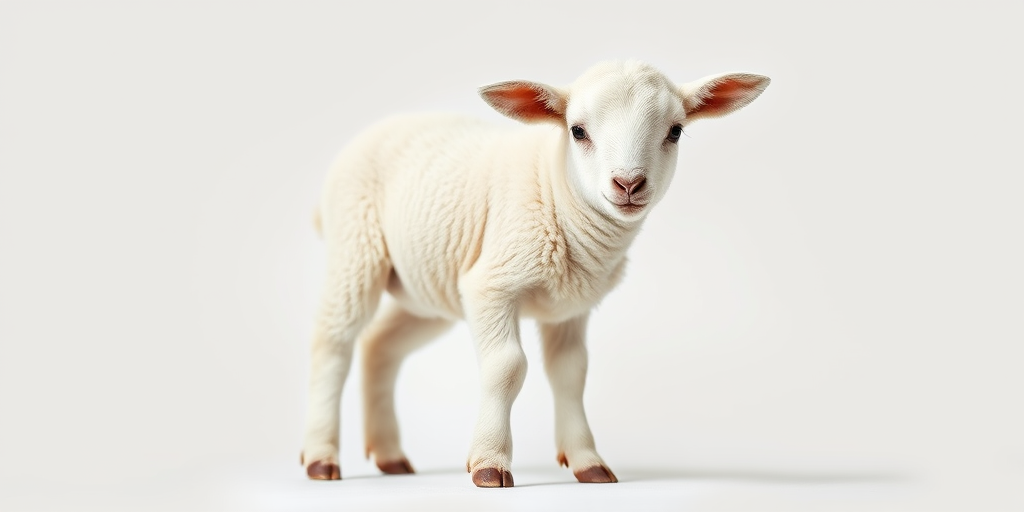 lamb standing on a plain background, soft focus, aperture f/2.8, shutter speed 1/250s, ISO 100, 85mm lens, portrait photography style, DSLR camera